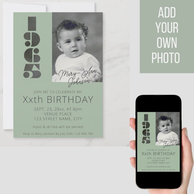 Convites nascer fotográfico de 60º aniversário em verde ver (Criador carregado)
