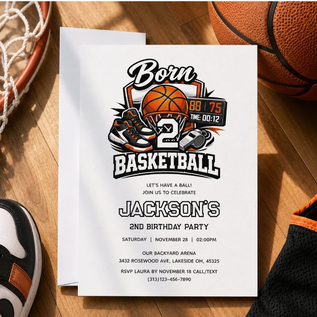 Convites Nascido para o Basquete Tema de Aniversário de 2 a (Born 2 Basketball Sports Themed Boy 2nd Birthday Invitation)
