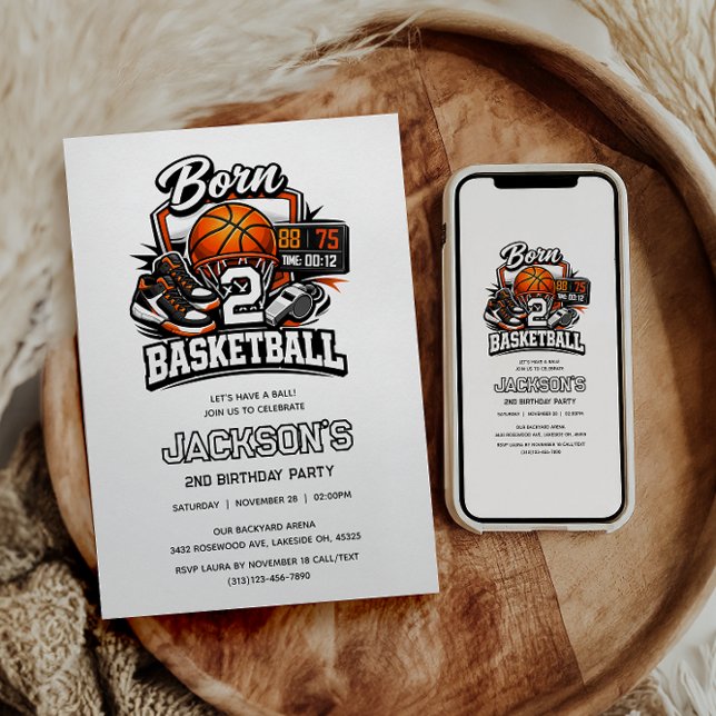 Convites Nascido para o Basquete Tema de Aniversário de 2 a (Born 2 Basketball | Sports Themed Boy 2nd Birthday Party)