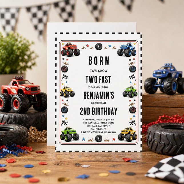Convites Nascidos para Crescer Dois Monstros de Caminhões R (Born to Grow Two Fast Monster Trucks 2nd Birthday Invitation
)