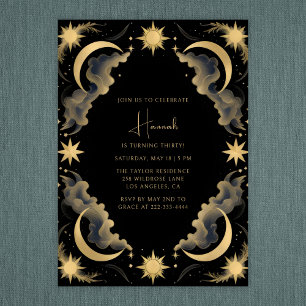Convites Nascimento da Bruxa Negra Dourada de Lua Celestial