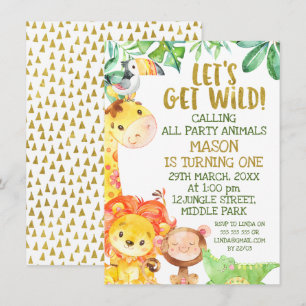 Convites Nascimento de Animais Safari Dourados com Cor de Á