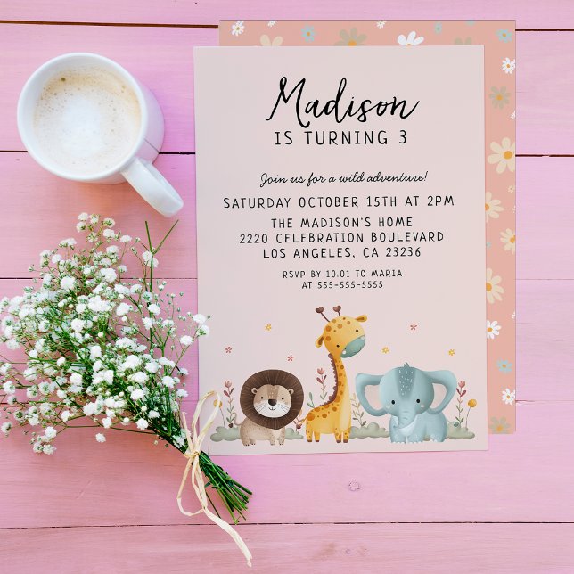 Convites Nascimento de Animais Selvagens de Festa Menina (Criador carregado)