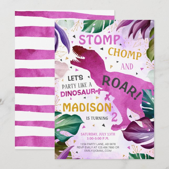 Convites Nascimento de T Rex Dinossaur Girl (Frente/Verso)