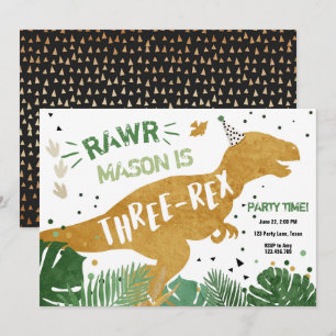Convites Nascimento Dourado do Dinossauro T-Rex Três Rex RA