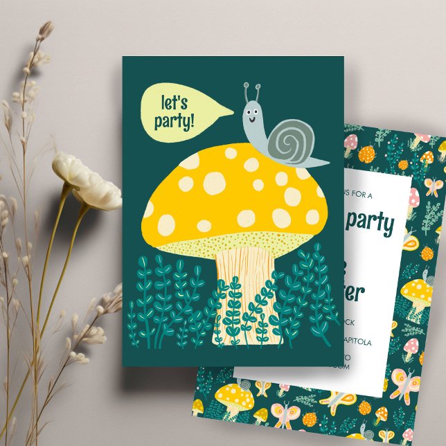 Convites NASCIMENTO PERSONALIZÁVEL E Adorável Cogumelo de S (Snail Mushroom Cute Adorable CUSTOM BIRTHDAY Party Invitation
)