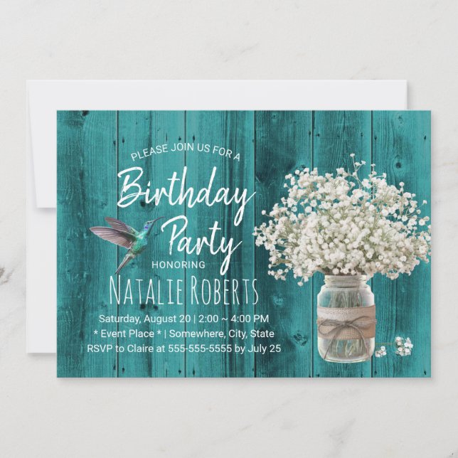 Convites Nascimento Rustic Baby's Breath & Hummingbird Teal (Frente)