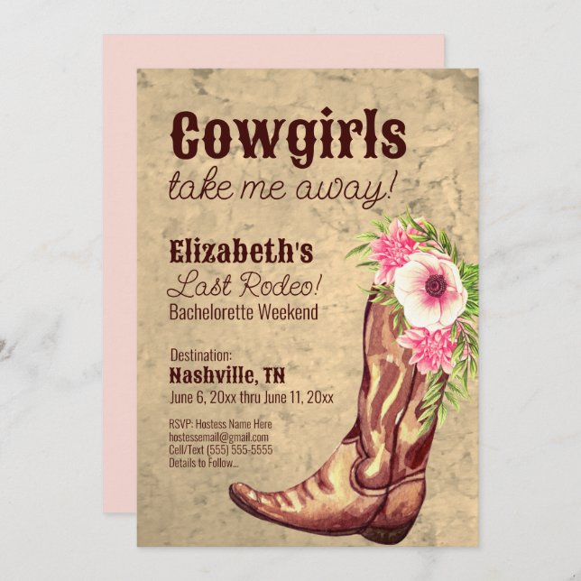 Convites Nashville Bachelorette Rustic Pink Cowgirl (Frente/Verso)