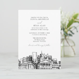 Convites Nashville Skyline Negra e Casamento Branco Moderno