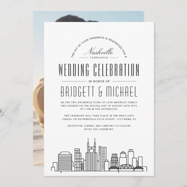 Convites Nashville Wedding | Linha Skyline Moderna de Deco (Frente/Verso)
