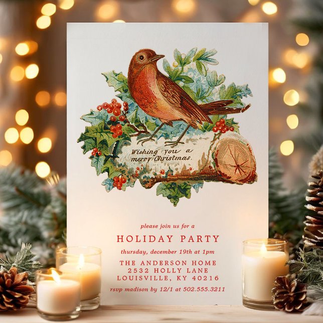 Convites Natais vintages Bird Holly Retro Holiday Party (Criador carregado)