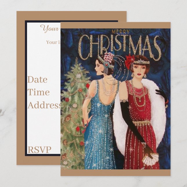 Convites Natais vintages de arte deco (Frente/Verso)