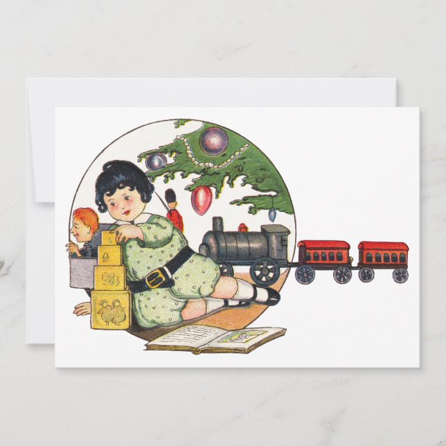 Convites Natais vintages, Garoto Feliz Brincando com Brinqu (Frente)