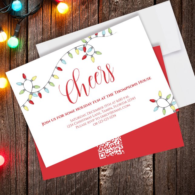 Convites Natal anima Cordas Coloridas Luzes QR (Christmas holiday party invitation with festive string of lights. )