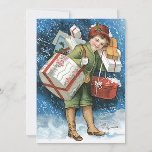 Convites Natal Antigo, Menina com Presentes na Neve de Inve