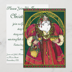 Convites Natal Antigo, Papai Noel com Folhas de Azevinho