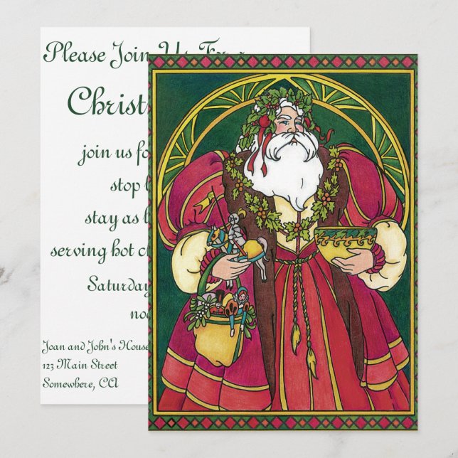 Convites Natal Antigo, Papai Noel com Folhas de Azevinho (Frente/Verso)