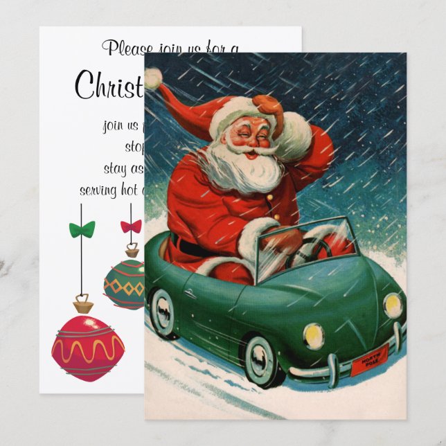 Convites Natal Antigo, Papai Noel num Carro Fofo (Frente/Verso)