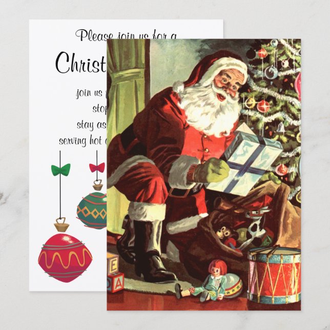 Convites Natal Antigo, Papai Noel Retro com Presentes (Frente/Verso)