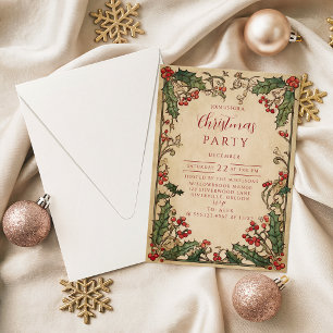 Convites Natal Antiquado com Folhas de Azevinho