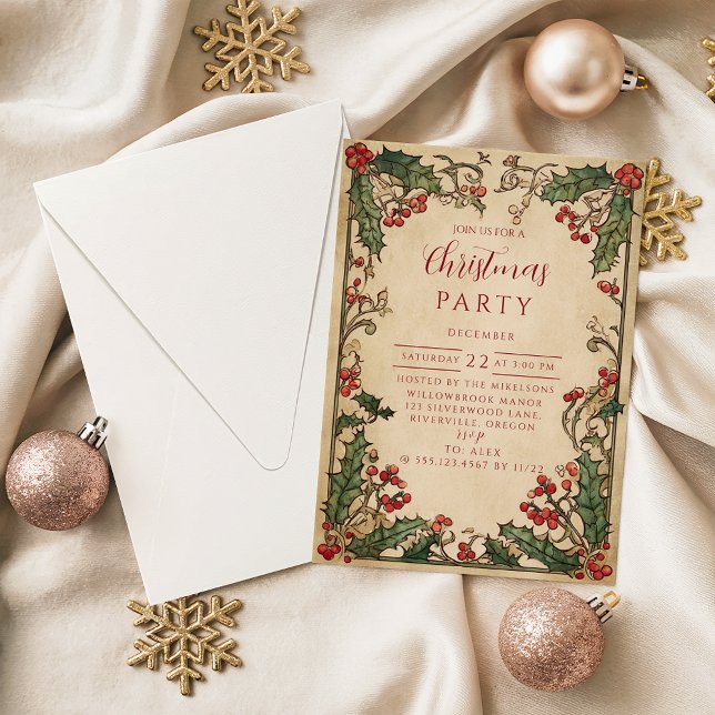 Convites Natal Antiquado com Folhas de Azevinho (Criador carregado)