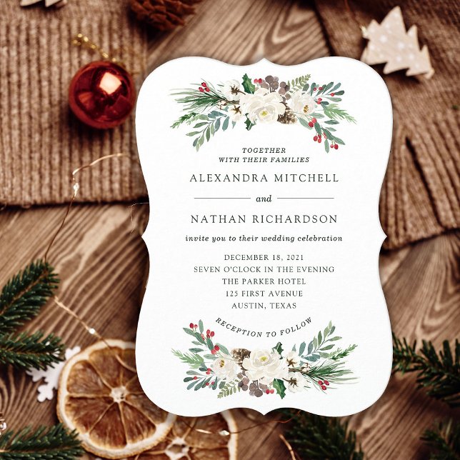 Convites Natal Botânico | Feriado Floral (An elegant, classic holiday wedding invitation for your Christmas season wedding)
