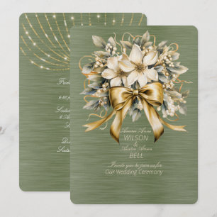 Convites Natal Branco com Folhas Verdes e Fita Dourada