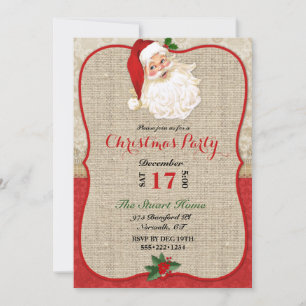 Convites Natal Burlap Damask Papai Noel