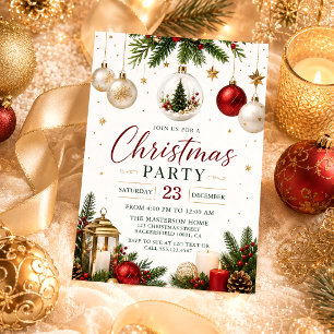 Convites Natal Colorido com Bolas Douradas e Galhos de Árvo