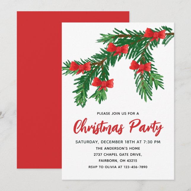 Convites Natal com aguarela festiva verde e laço vermelho (Frente/Verso)