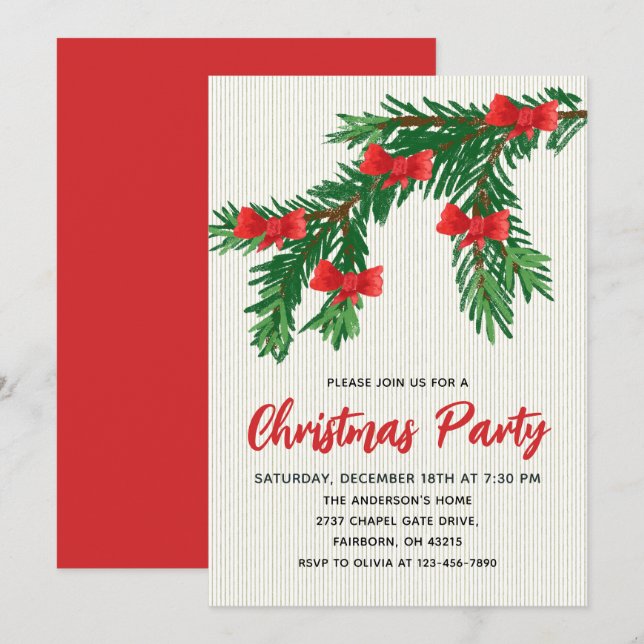 Convites Natal com aguarela festiva verde e laço vermelho (Frente/Verso)