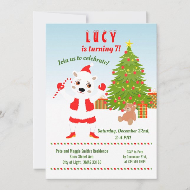 Convites Natal com Festa de aniversário de Urso Polar (Frente)