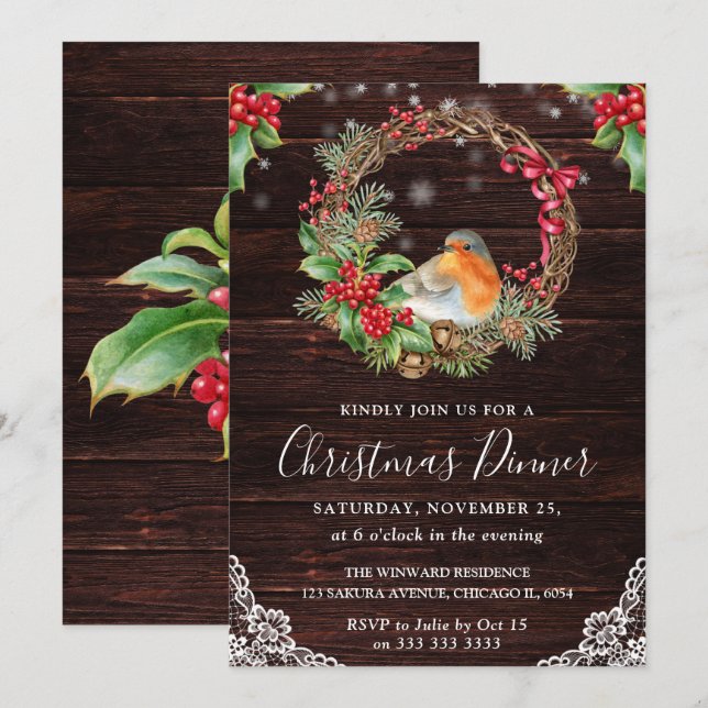 Convites Natal com Robin Rústico e Grinalda de Azevinho (Frente/Verso)