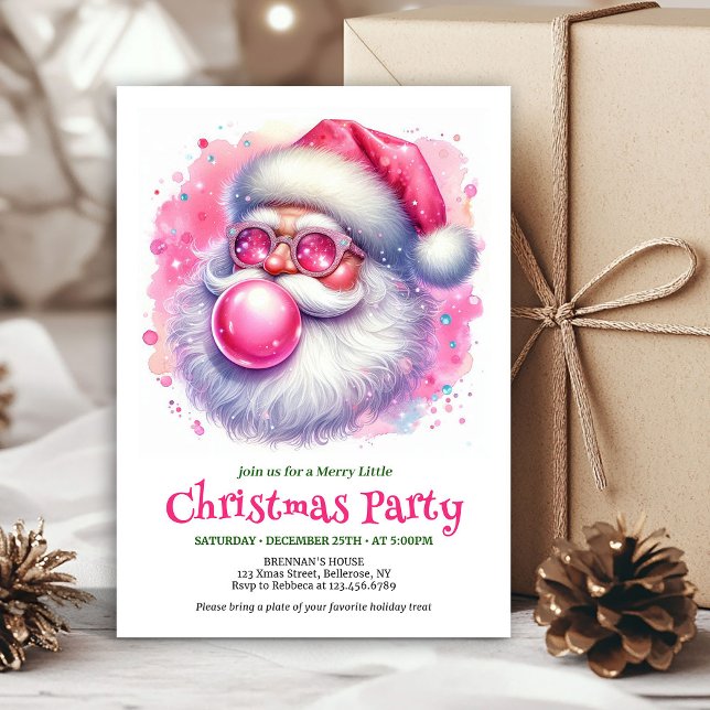 Convites Natal cor-de-rosa alegre com Papai Noel chiclete a (Merry pink santa chewing gum watercolor Xmas invite)