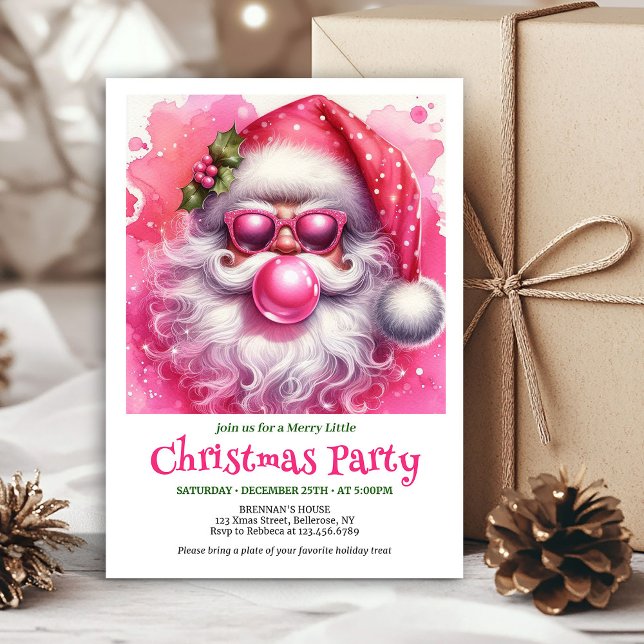 Convites Natal Cor-de-rosa Caprichoso Chiclete Bolha Funny  (Whimsical Pink Santa Bubble Gum Funny Christmas Invite

)