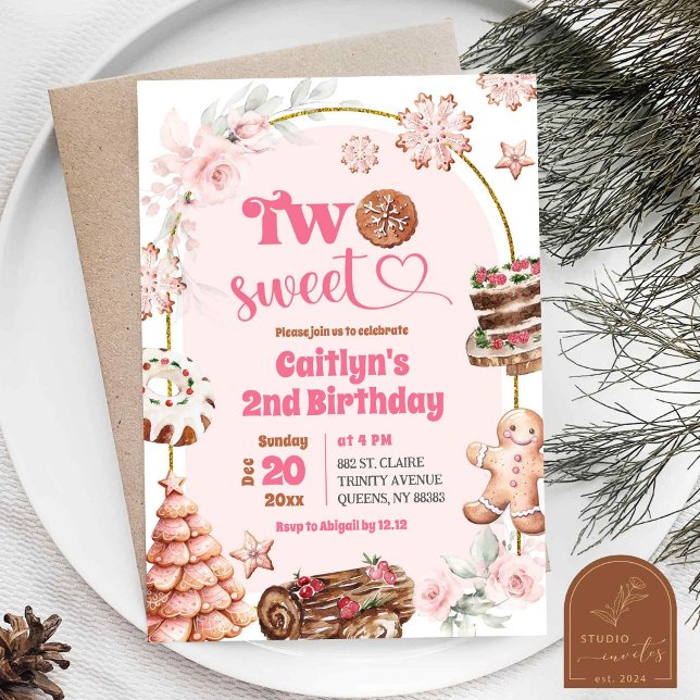 Convites Natal Cor-de-Rosa Dois Aniversário de 2 anos Doce  (Criador carregado)