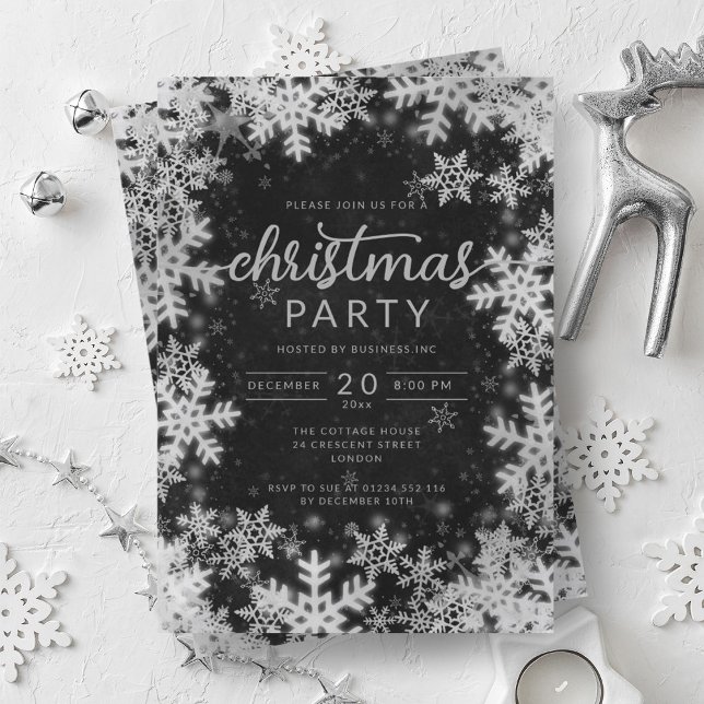 Convites Natal da Companhia Modern Silver Black Snowflakes (Modern Silver Black Snowflakes Company Christmas Invitation)