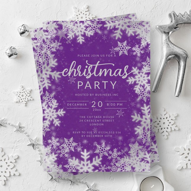 Convites Natal da Companhia Modern Silver Purple Snowflakes (Modern Silver Purple Snowflakes Company Christmas Invitation)