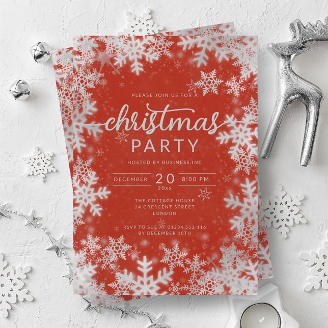 Convites Natal da Companhia Modern Silver Red Snowflakes (Modern Silver Red Snowflakes Company Christmas Invitation)
