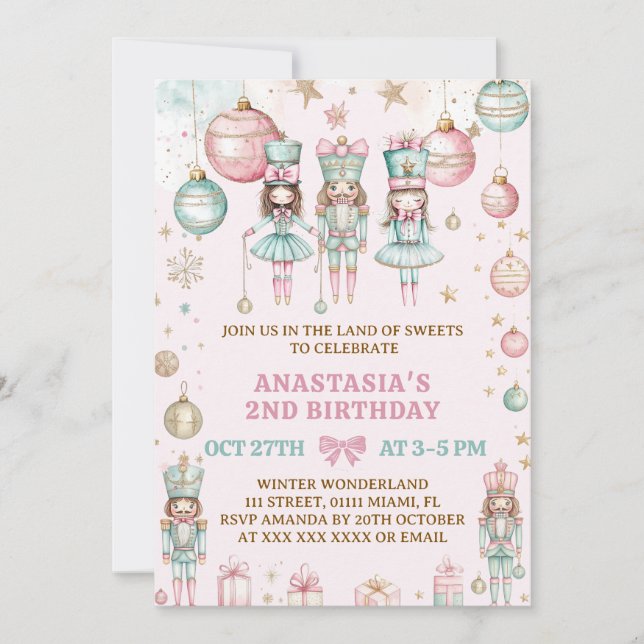 Convites Natal da Quebradora de Nozes Menina Rosa Aniversár (Frente)