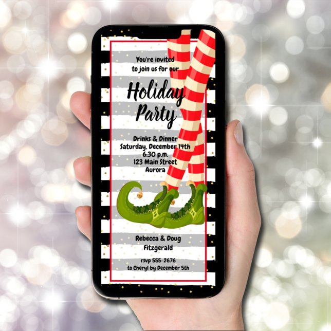 Convites Natal das Pernas do Elf Whimsical (Whimsical Elf Legs Christmas Invitations - INSTANT DOWNLOAD and/or PRINTED)