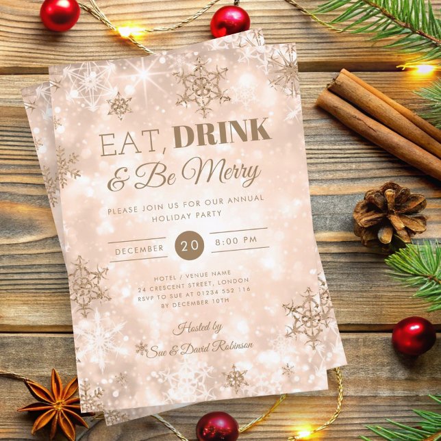 Convites Natal de "Coma e Bebida", Rosa, Natal Dourado (Winter "Eat & Drink" Rose Gold Holiday Christmas Invitation)