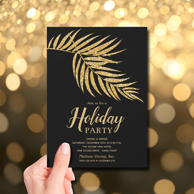 Convites Natal de Férias com Palma de Glitter Dourado Elega (Elegant Gold Glitter Palm Holiday Christmas Invitations - INSTANT DOWNLOAD and/or PRINTED)