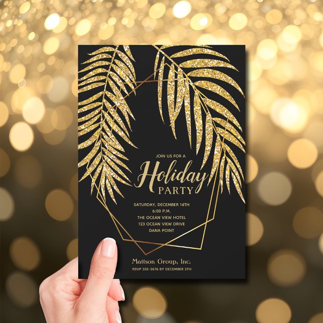 Convites Natal de Férias com Palma de Glitter Dourado Elega (Elegant Gold Glitter Palm Holiday Christmas Invitations - INSTANT DOWNLOAD and/or PRINTED)