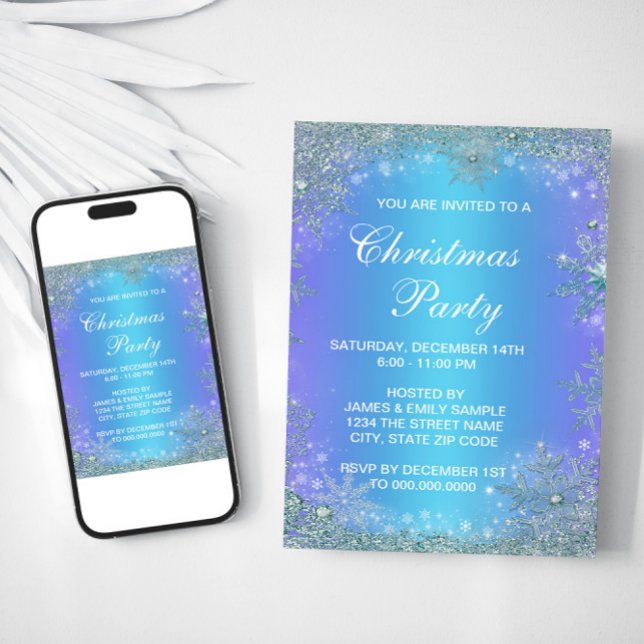 Convites Natal de Floco de Neve Azul Turquesa Lavanda Conge (Snowflake Christmas party invitation with purple and teal background. For instant download and print)