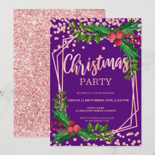 Convites Natal de Holly Glitter Roxo-Dourado rosa