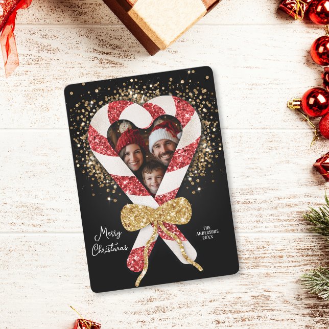 Convites Natal de Imagem de Caneta Glitter Única (glitter candy cane photo frame christmas card)