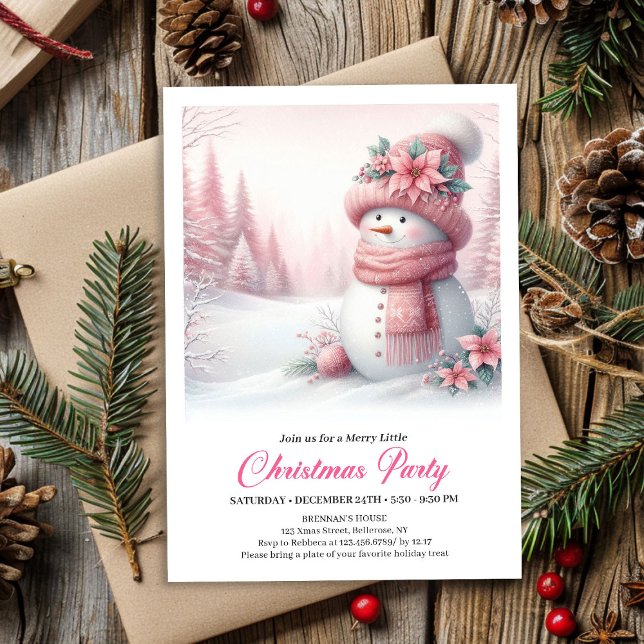 Convites Natal Digital Editável Cozy Pink Snowman para Cria (Cozy Pink Snowman Kids Editable Digital Christmas Invitation

)