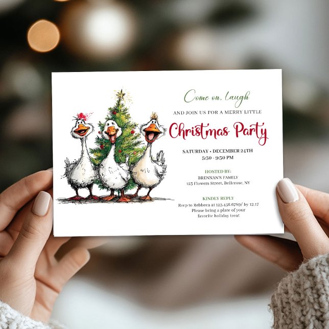 Convites Natal Divertido Excêntrico Ganso Fantasia Festa  (Cute quirky goose Christmas party invitation with playful humor and whimsical cartoon artwork)