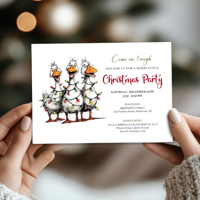 Convites Natal Divertido Excêntrico Gansos Festa Caprichosa (Christmas Funny Quirky Geese Whimsical Party Invite)